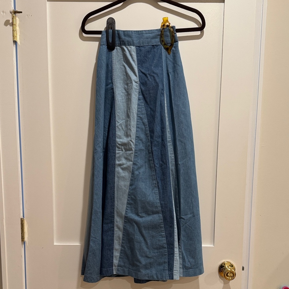 Anthropologie Love The Label A-line Denim maxi skirt. Light & dark blue. Small.